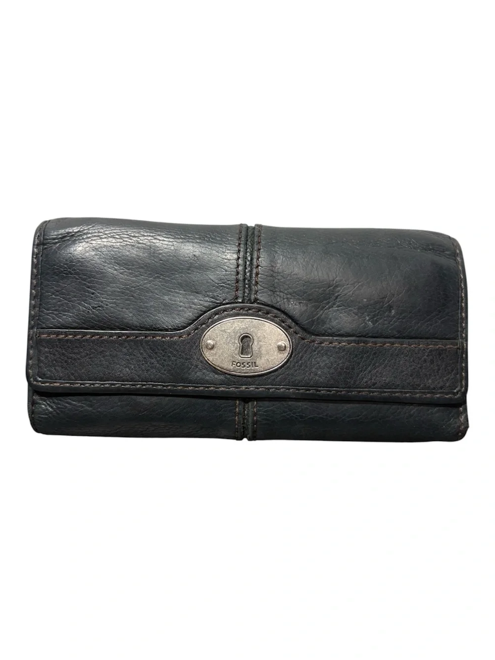 FOSSIL Vintage Dark Gray Leather Clutch Wallet with Metal Keyhole Logo